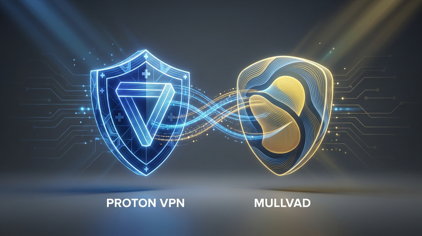 Représentation graphique du duel Proton VPN (bouclier bleu) vs Mullvad (bouclier doré), symbolisant la sécurité et la connexion.