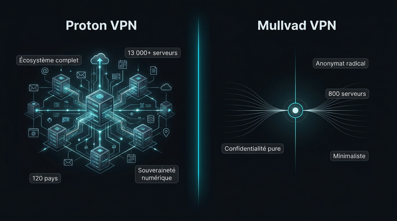 Comparaison des interfaces et logos de Proton VPN et Mullvad VPN en 2026
