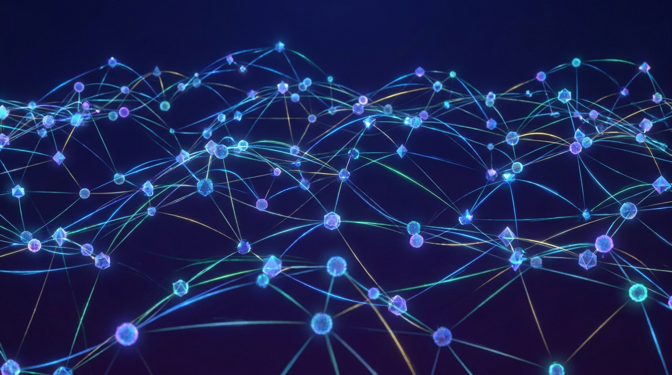Visualisation abstraite d'un réseau de nœuds interconnectés par des lignes lumineuses sur fond bleu foncé.