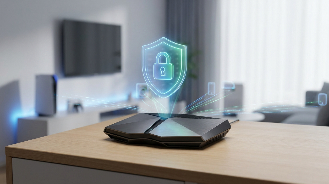 Routeur moderne avec bouclier VPN et cadenas lumineux. Des faisceaux de lumière le relient à des icônes d'appareils, symbolisant la sécurité du réseau domestique.