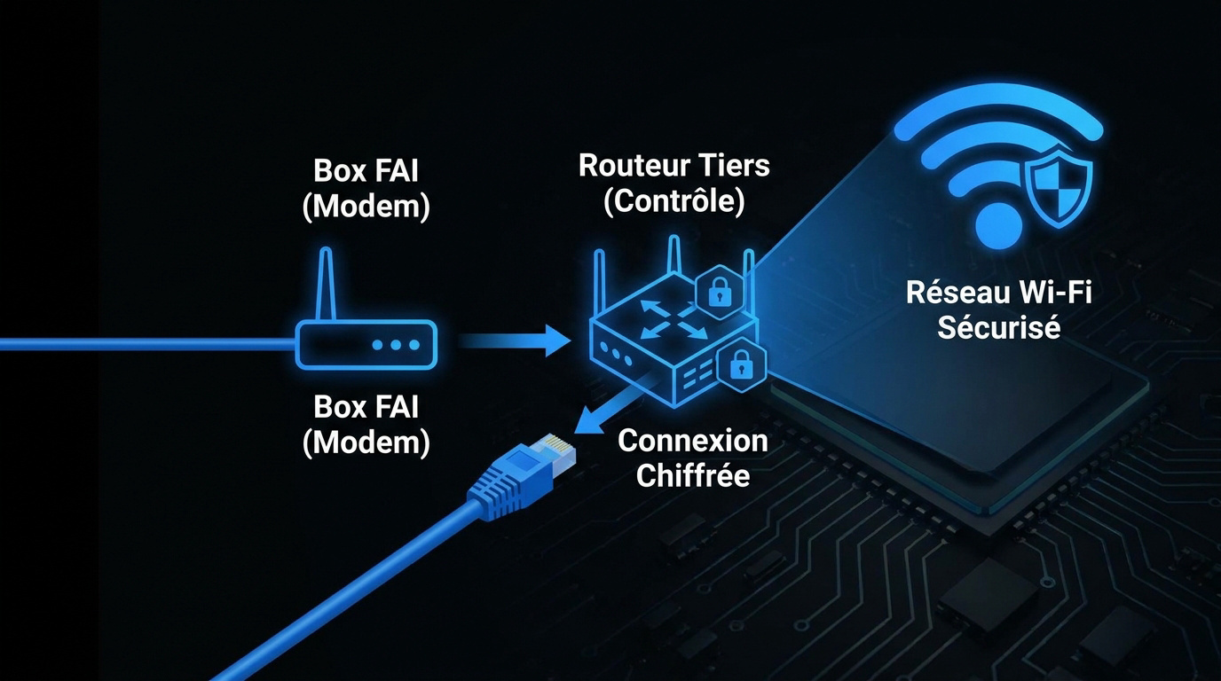 Sch&eacute;ma de connexion r&eacute;seau entre une box FAI et un routeur tiers VPN