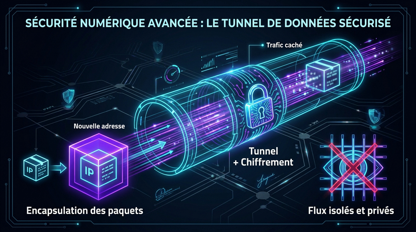 Représentation technique d'un tunnel de données sécurisé et chiffré par VPN