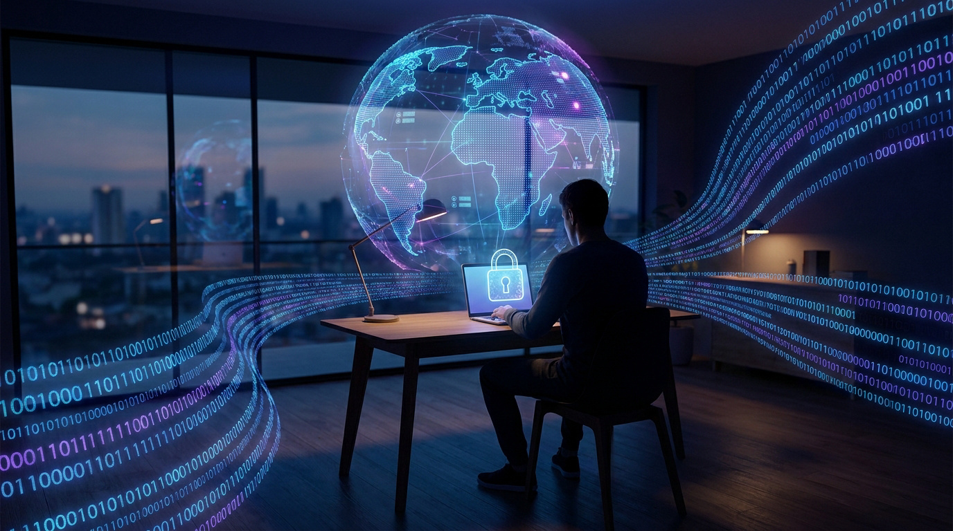Une personne travaille sur un ordinateur portable avec un globe numérique et des flux de données binaires en arrière-plan.