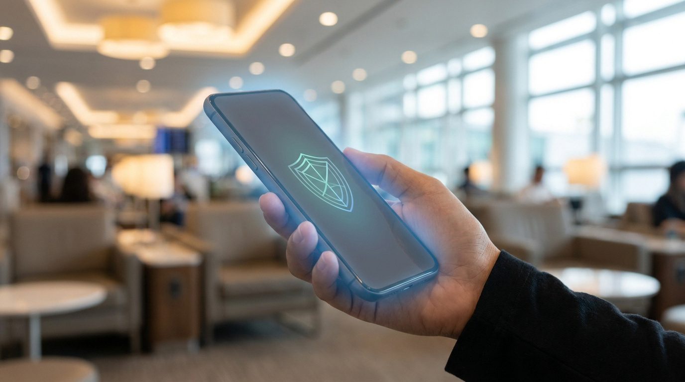 Une main tient un smartphone affichant un bouclier lumineux de sécurité (VPN) dans un salon public flou. Protection des données mobiles.
