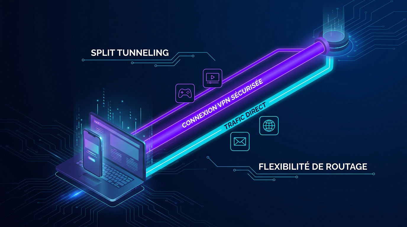 Sch&eacute;ma explicatif du split tunneling VPN s&eacute;parant le trafic chiffr&eacute; du trafic direct