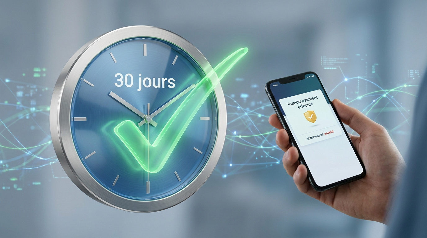 Horloge avec "30 jours" et coche verte, et smartphone affichant "Remboursement effectué, Abonnement annulé".