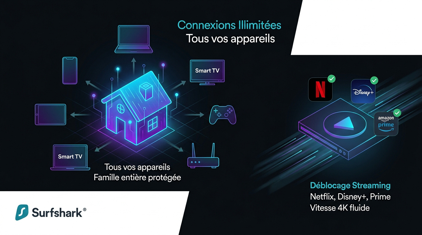 Surfshark permet des connexions illimitées et le streaming en 4K sur tous vos appareils