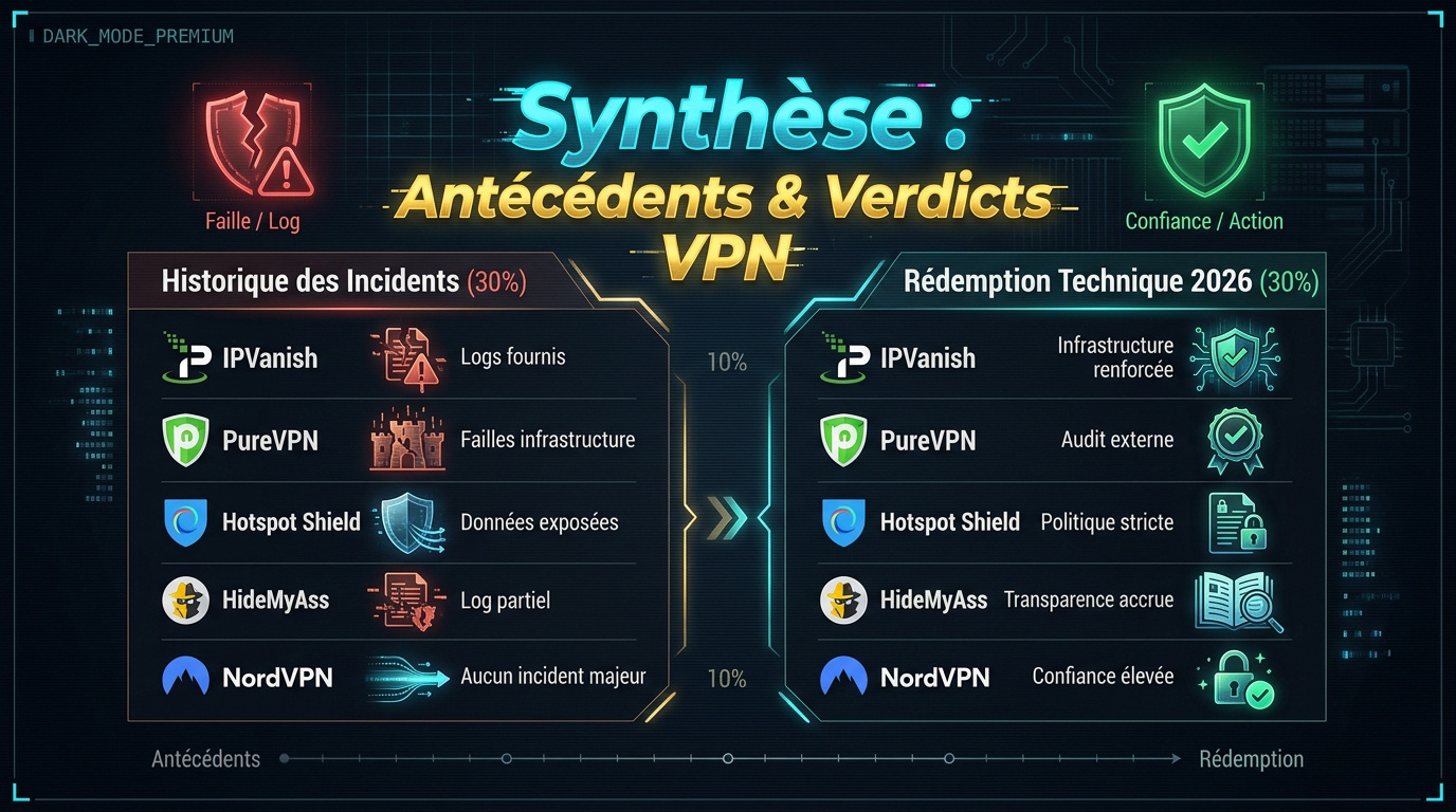 Tableau comparatif de la fiabilité des VPN suite aux incidents de sécurité historiques