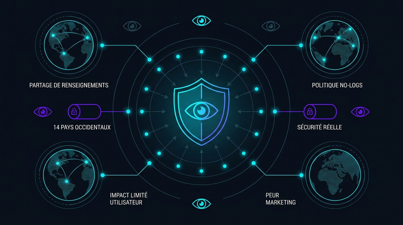 Tableau de bord de cybersécurité illustrant les réseaux d'alliances de surveillance mondiale