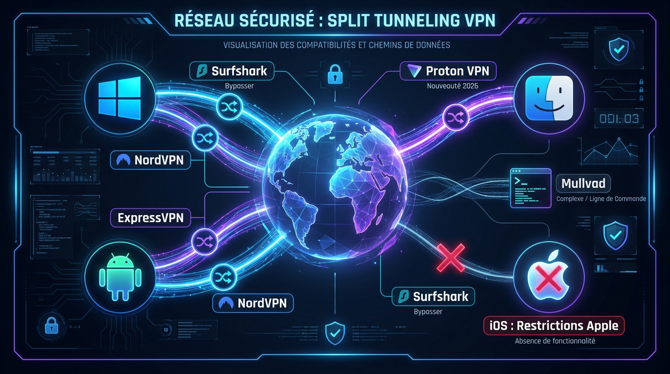 Sch&eacute;ma technique du split tunneling montrant la s&eacute;paration des flux de donn&eacute;es entre le tunnel VPN et la connexion directe