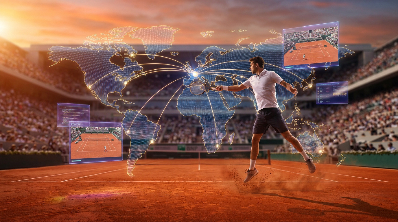 Image composite : joueur de tennis sur court de Roland-Garros, carte du monde en surimpression avec connexions VPN lumineuses vers des écrans de match.