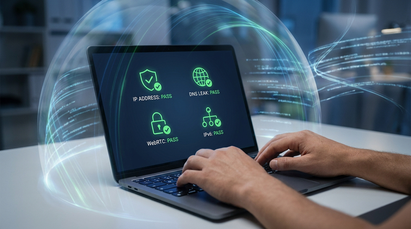 Mains tapant sur un ordinateur portable affichant un test VPN réussi (IP, DNS, WebRTC, IPv6 "PASS"). Une bulle de sécurité numérique entoure l'appareil.