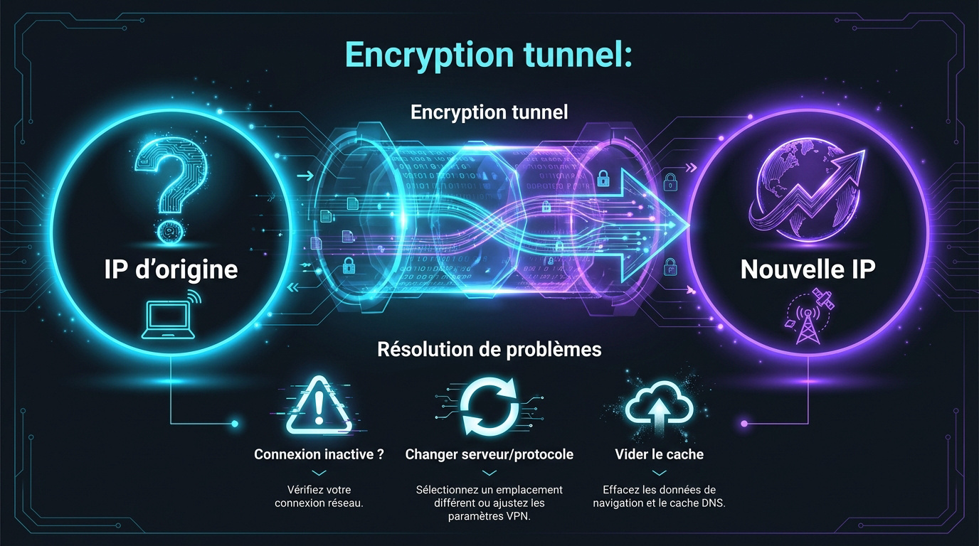 Schéma d'un tunnel de chiffrement VPN transformant l'IP d'origine en une nouvelle adresse IP sécurisée