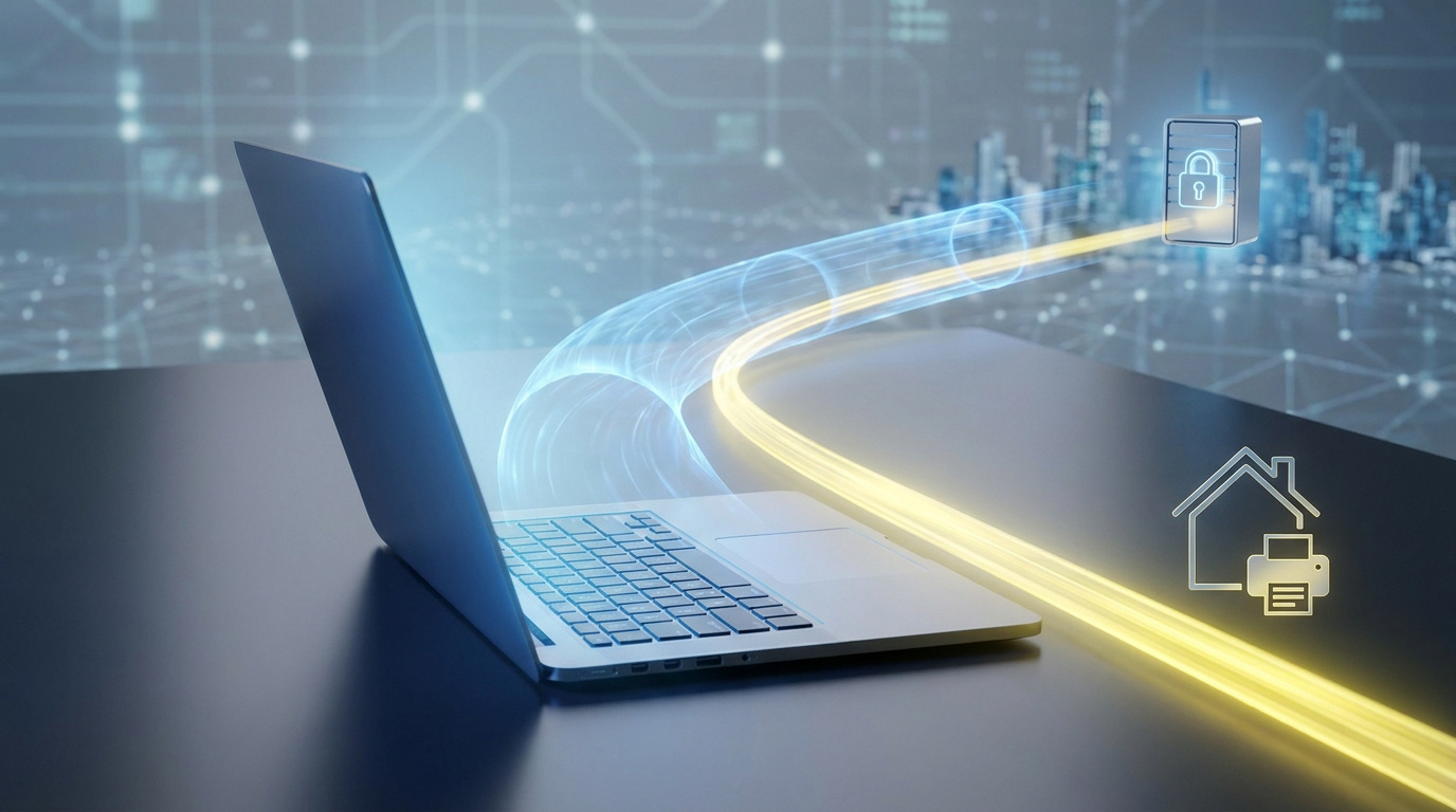 Illustration du split tunneling VPN : un ordinateur portable divise son trafic entre une connexion sécurisée (VPN) et un réseau local (imprimante).