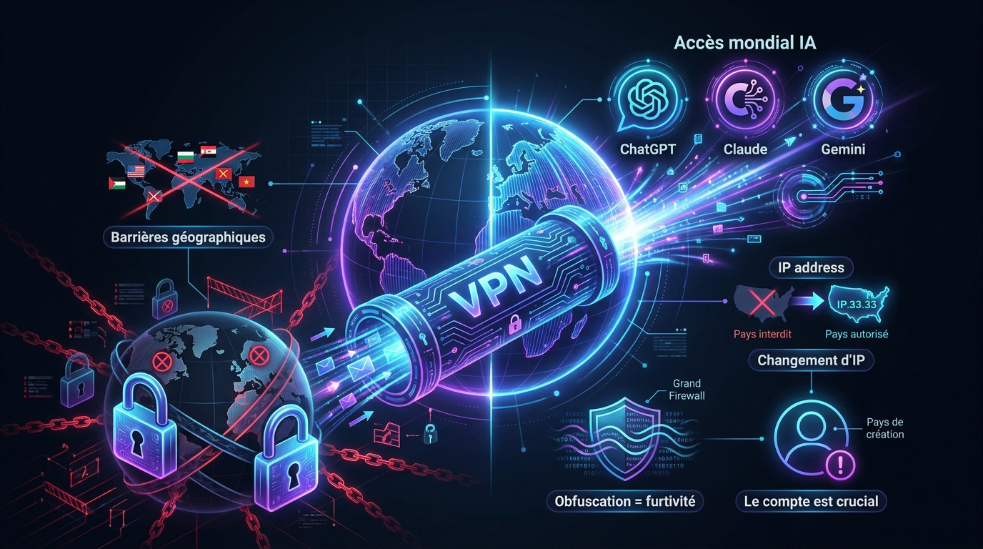 Schéma de connexion VPN pour accéder aux services d'intelligence artificielle bloqués