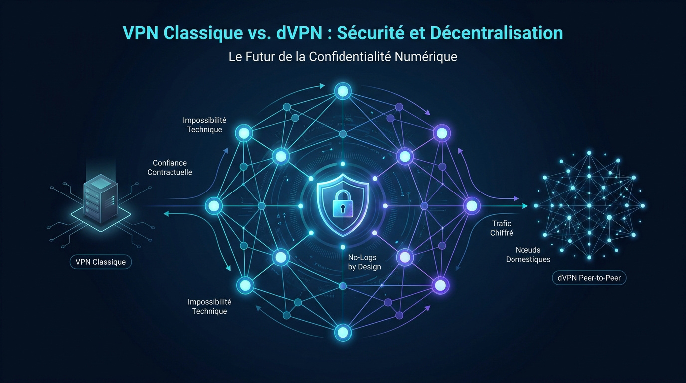 Comparaison entre l'architecture d'un VPN classique centralis&eacute; et un VPN d&eacute;centralis&eacute; peer-to-peer