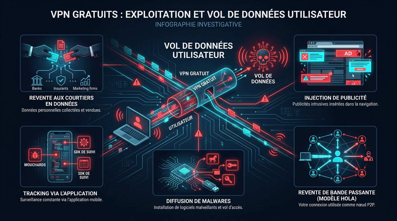 Schéma technique de l'exploitation des données personnelles par les services VPN gratuits en 2026