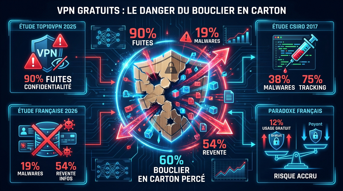 Illustration des risques de sécurité liés aux VPN gratuits et fuites de données
