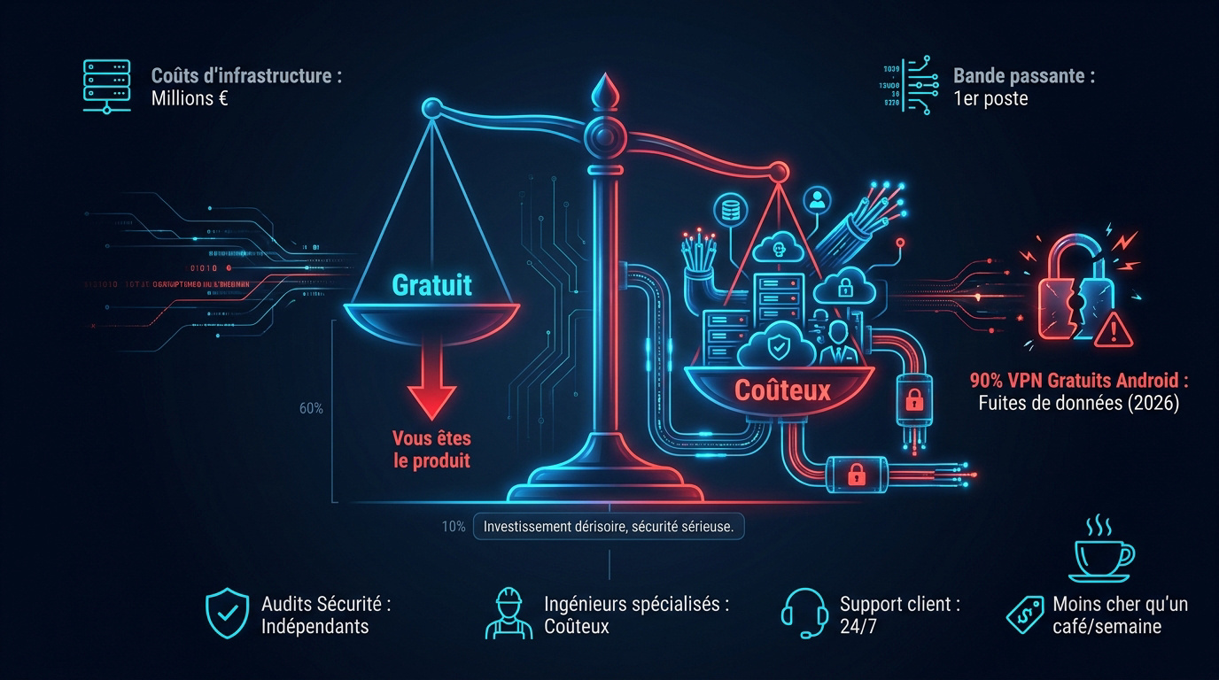 Infographie sur les dangers et les coûts cachés des VPN gratuits en 2026