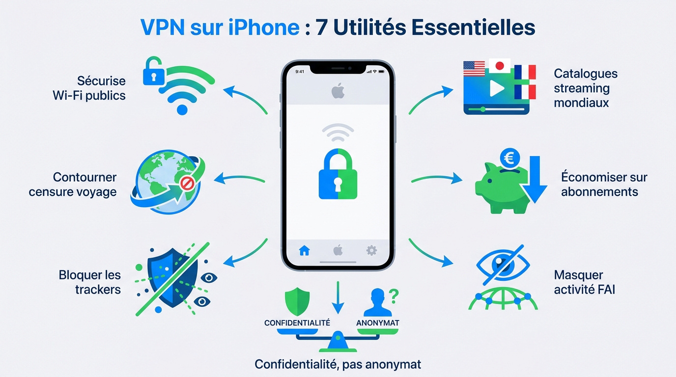 Infographie des 7 utilit&eacute;s essentielles d'un VPN sur iPhone en 2026