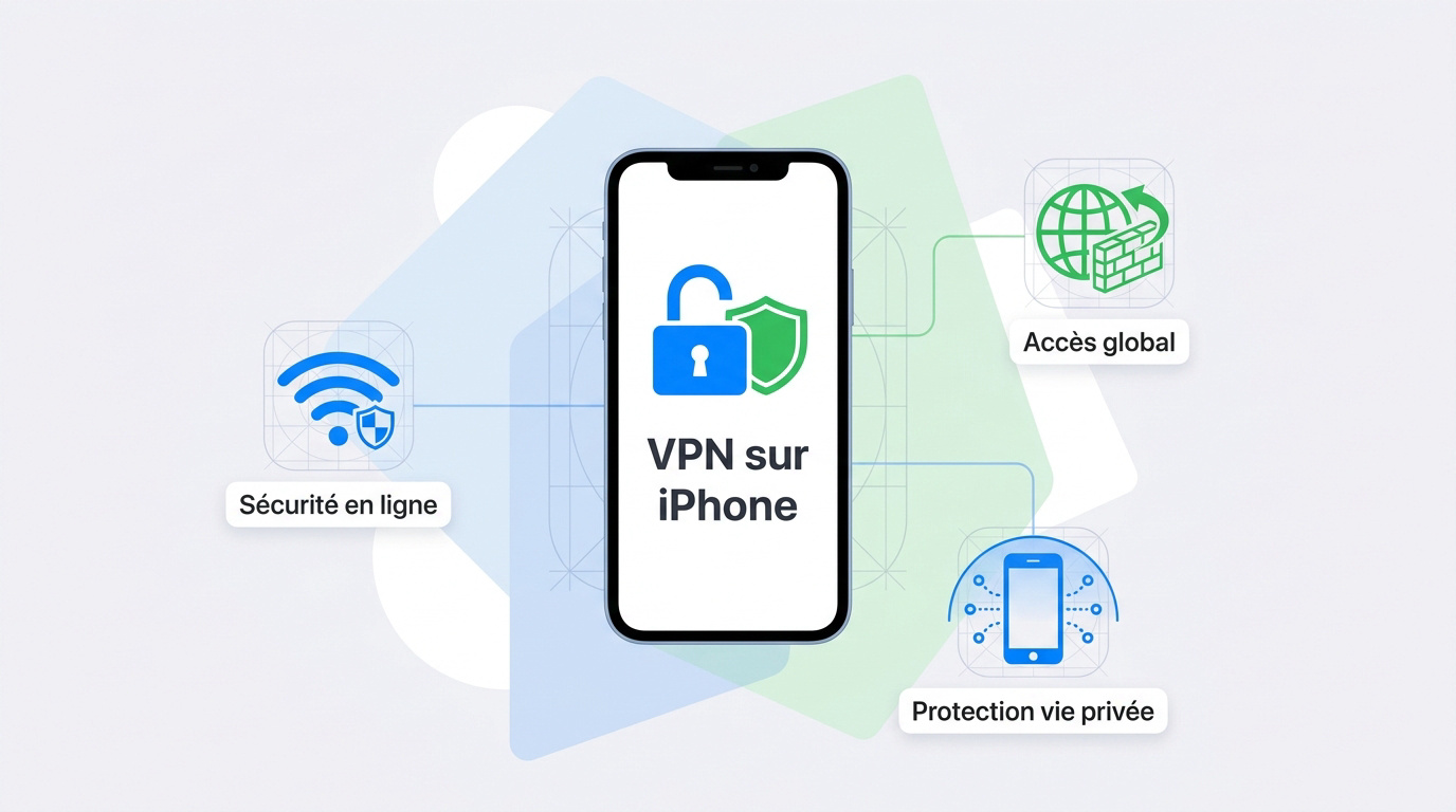 Interface d'un iPhone s&eacute;curis&eacute; par un VPN avec un cadenas symbolisant la protection des donn&eacute;es