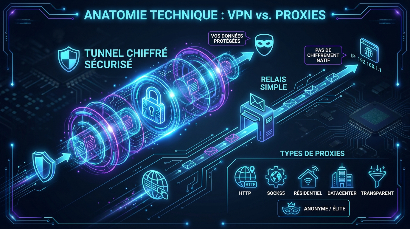 Sch&eacute;ma technique comparatif entre le tunnel chiffr&eacute; d'un VPN et le relais d'un serveur proxy