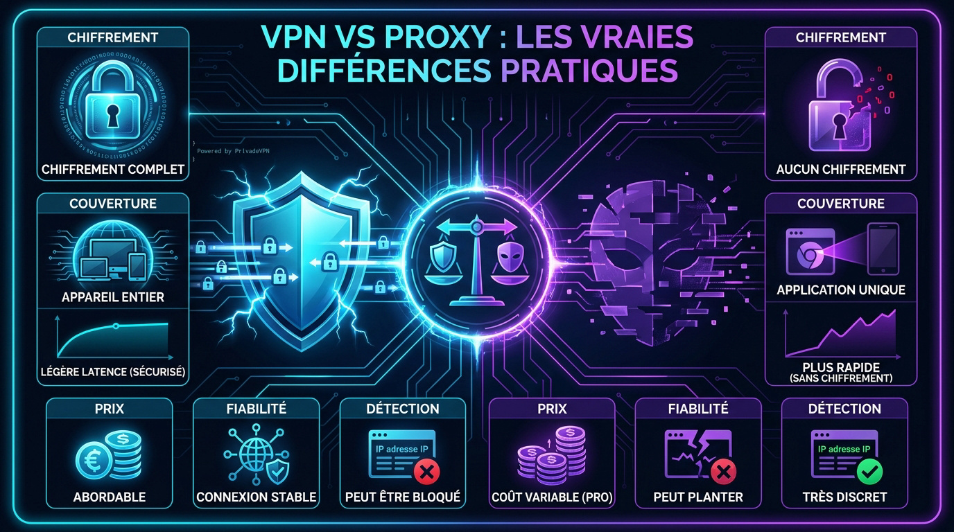 Sch&eacute;ma comparatif entre le fonctionnement d'un VPN et d'un proxy