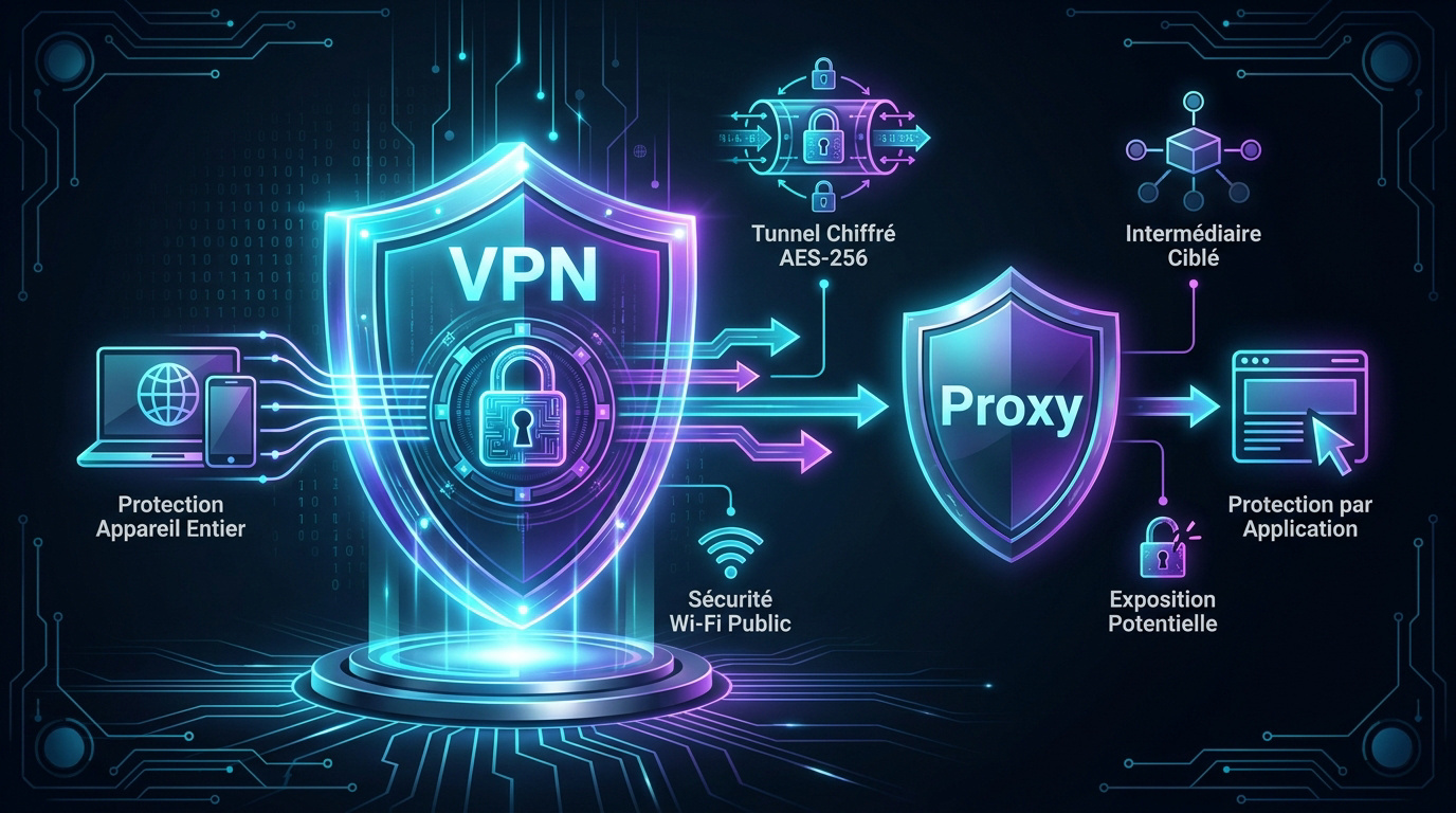 Sch&eacute;ma comparatif entre la protection globale d'un VPN et l'action cibl&eacute;e d'un proxy