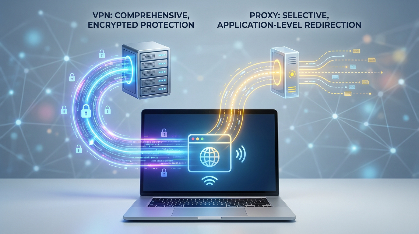 Illustration comparant VPN (protection chiffrée) et Proxy (redirection sélective) sur un ordinateur portable, avec serveurs et flux de données.