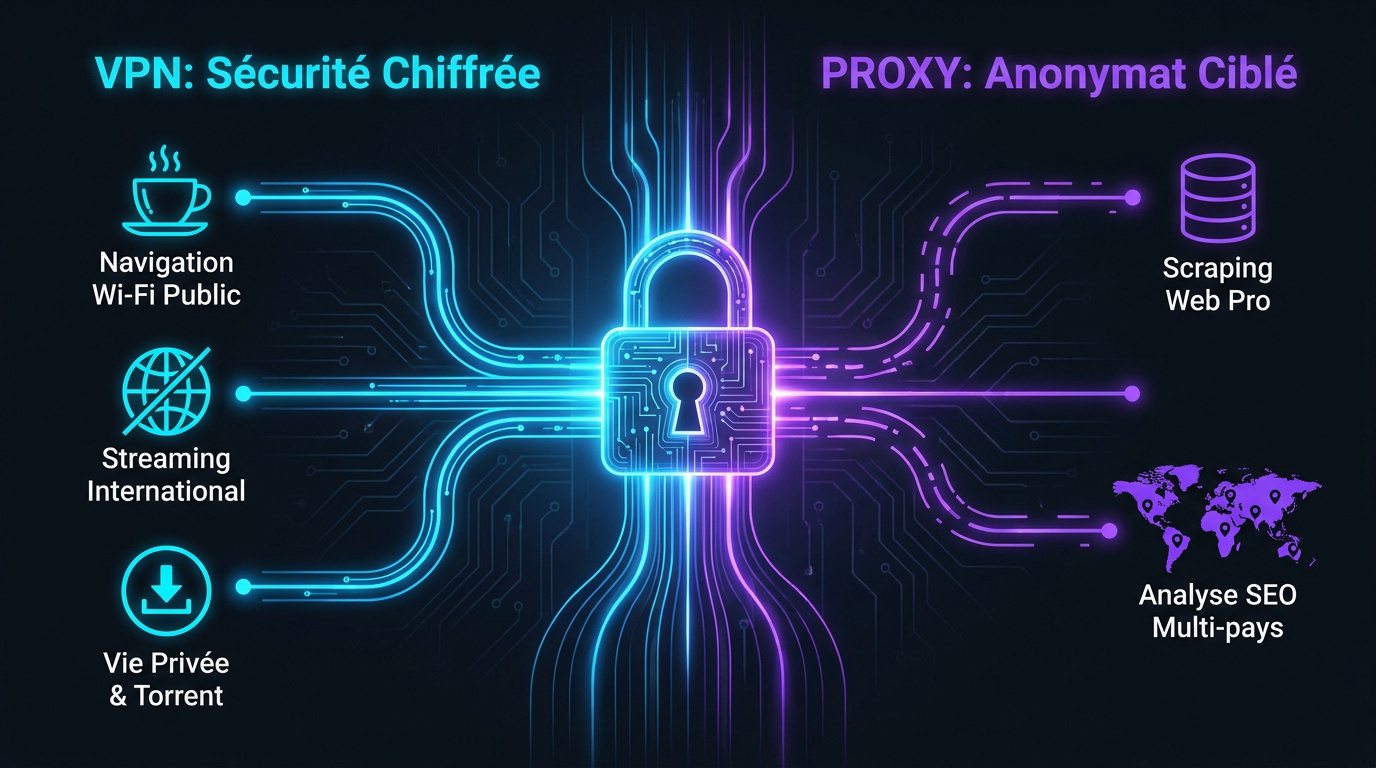 Sch&eacute;ma comparatif entre la s&eacute;curit&eacute; d'un tunnel VPN et l'interm&eacute;diaire proxy