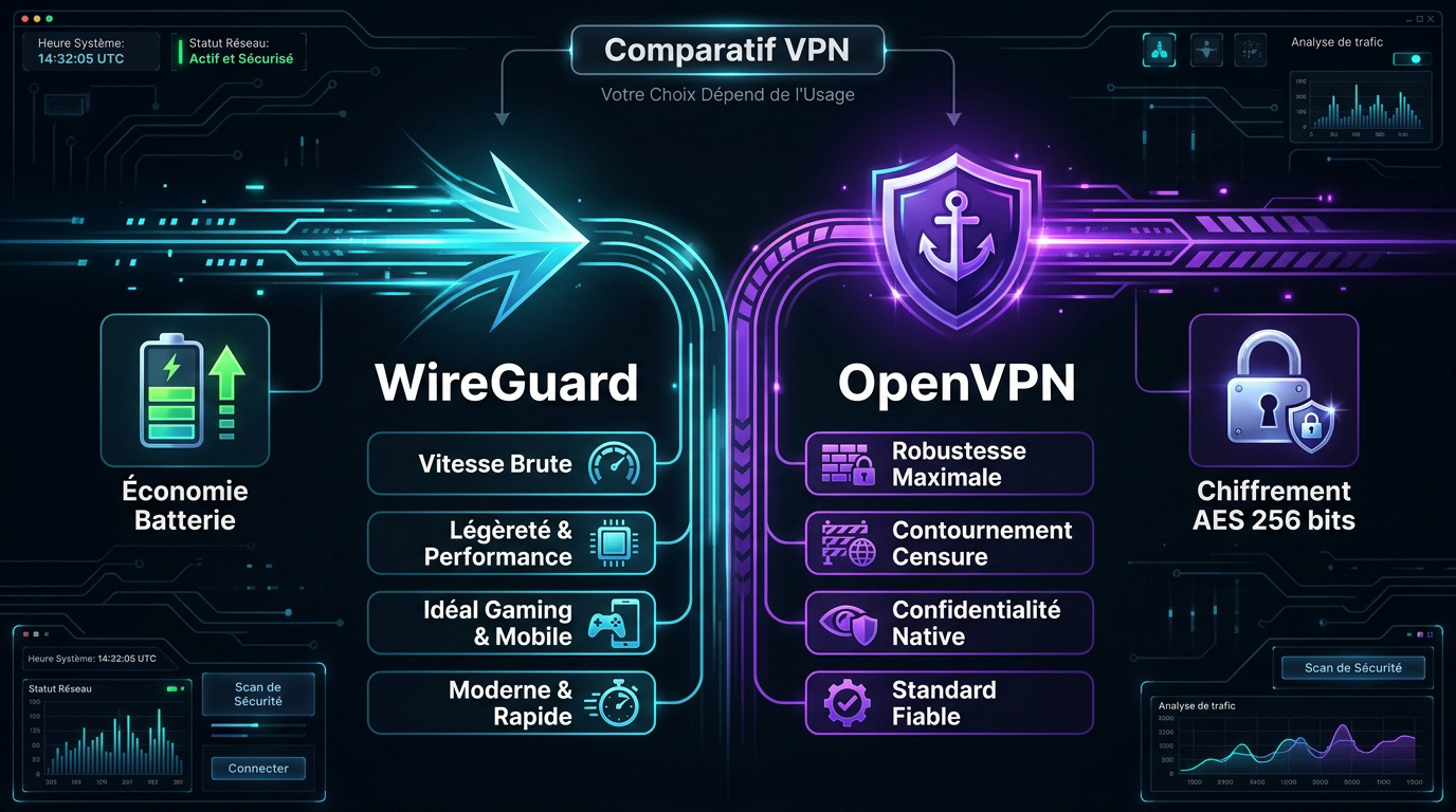 Comparaison visuelle entre les protocoles WireGuard et OpenVPN pour choisir le meilleur VPN