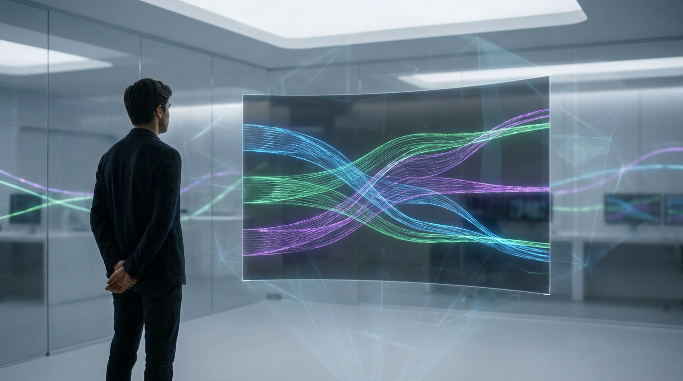 Un homme en costume observe un écran holographique affichant des flux de données numériques complexes.