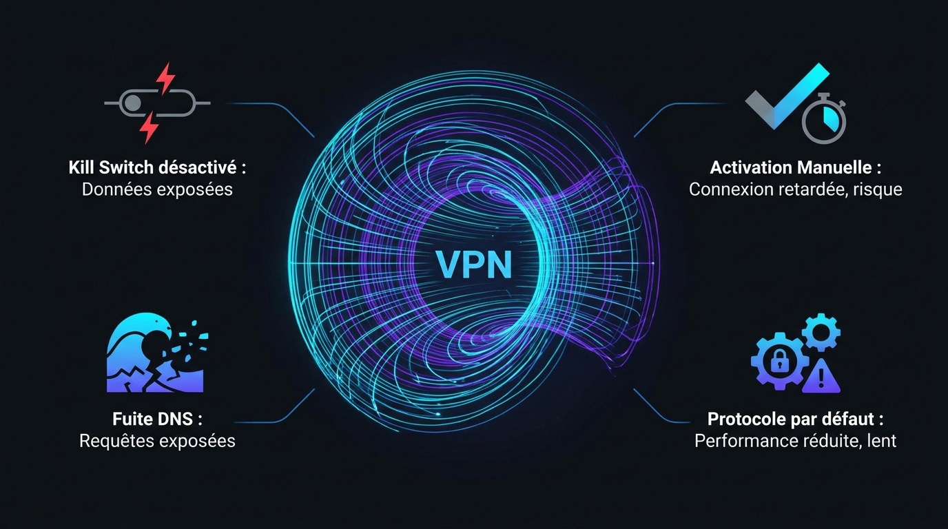 Interface de s&eacute;curit&eacute; VPN sur smartphone affichant les risques de fuites de donn&eacute;es
