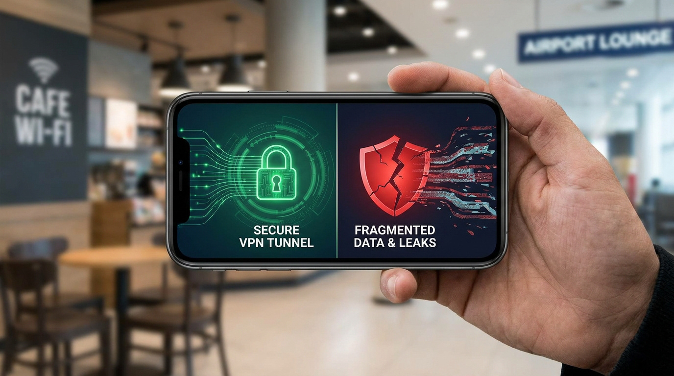 Un smartphone affiche une comparaison entre un tunnel VPN sécurisé et une fuite de données fragmentées.