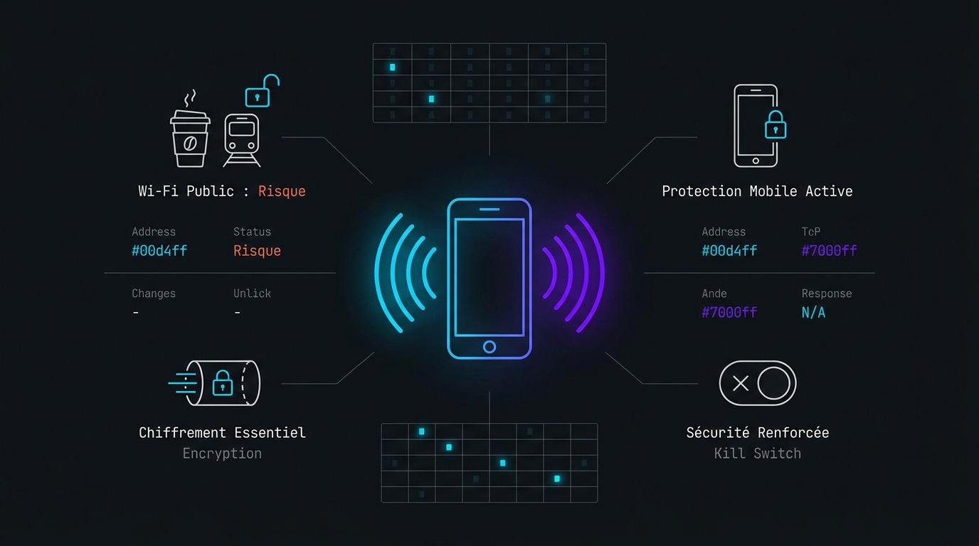 Interface de contrôle de cybersécurité mobile affichant des protocoles de protection VPN