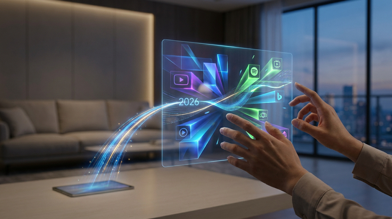 Une personne manipule une interface holographique futuriste affichant des icônes de streaming au-dessus d'une tablette.