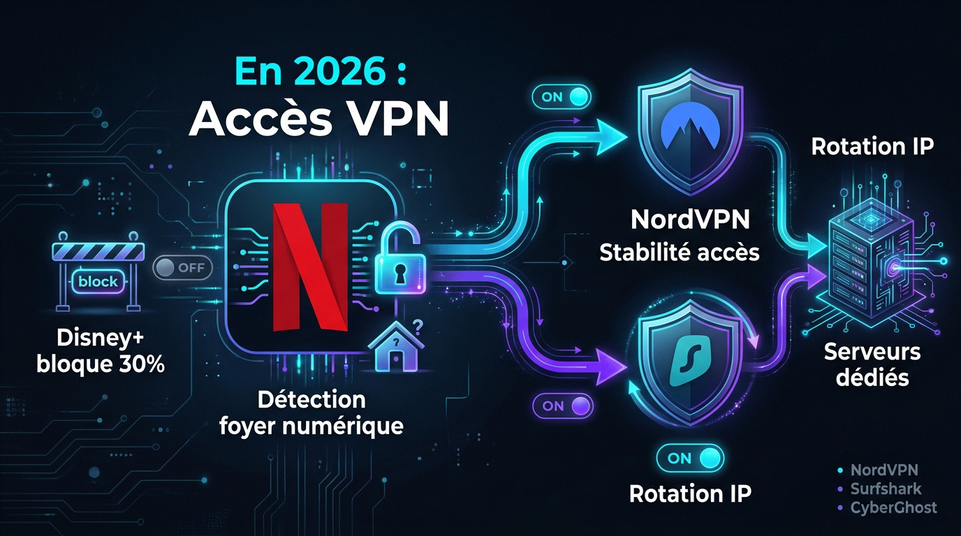 Interface de connexion VPN pour accéder au catalogue Netflix international en 2026