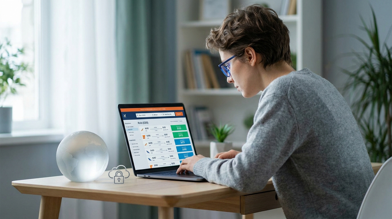 Une personne utilisant un ordinateur portable pour comparer des prix de vols avec un globe sur son bureau.