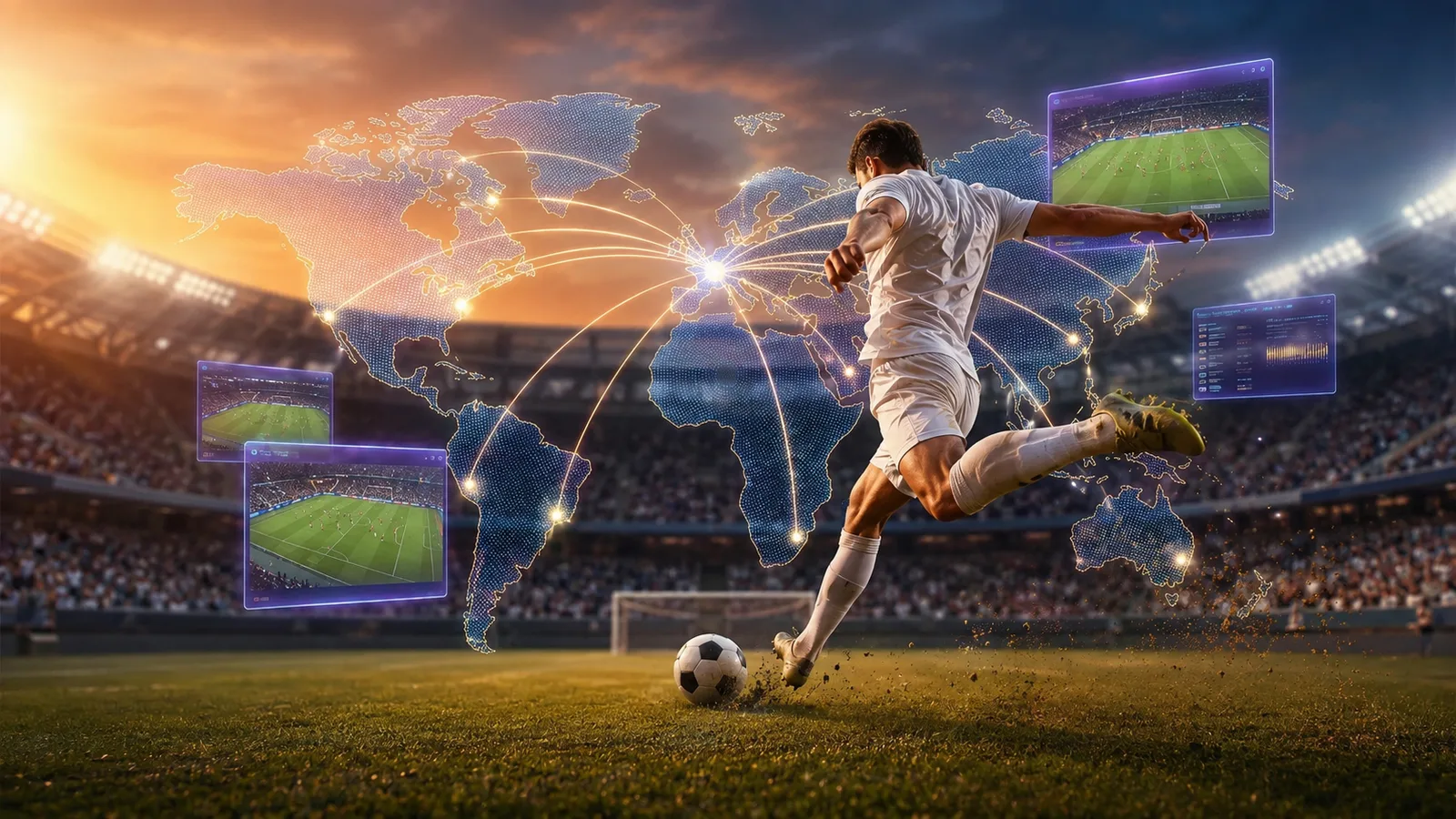 Footballeur devant une carte du monde de flux streaming - regarder la Ligue des champions avec un VPN