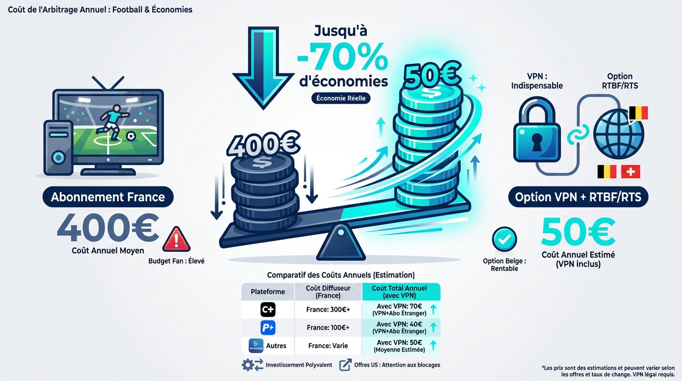 Graphique comparatif des économies réalisées sur l'abonnement football avec un VPN