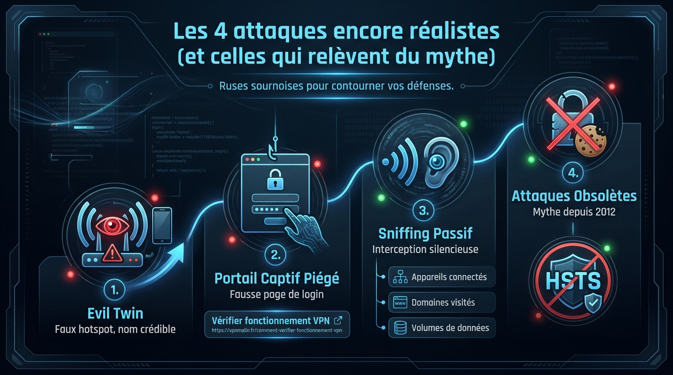 Schéma expliquant les cyberattaques réelles sur Wi-Fi public face aux mythes obsolètes