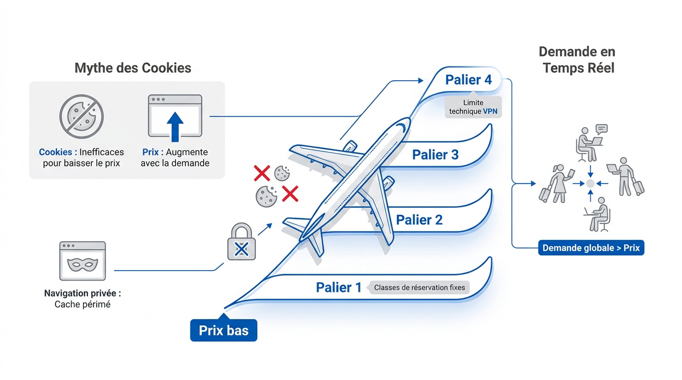 Graphique expliquant le yield management et l'impact des cookies sur le prix des billets d'avion