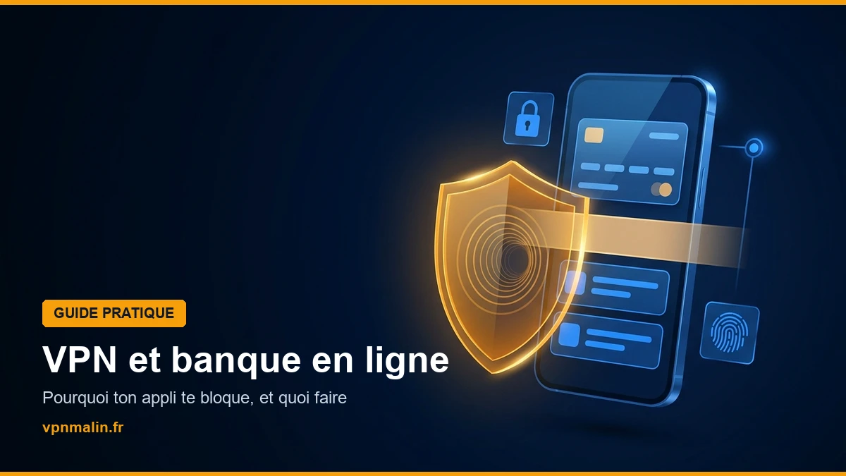 VPN banque en ligne : application bancaire bloquée sur un smartphone, protégée par un bouclier VPN