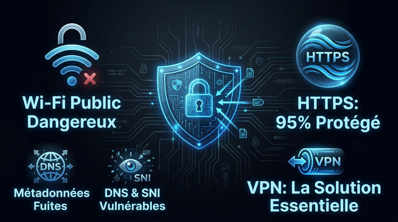 Infographie montrant la protection des données numériques sur un réseau public