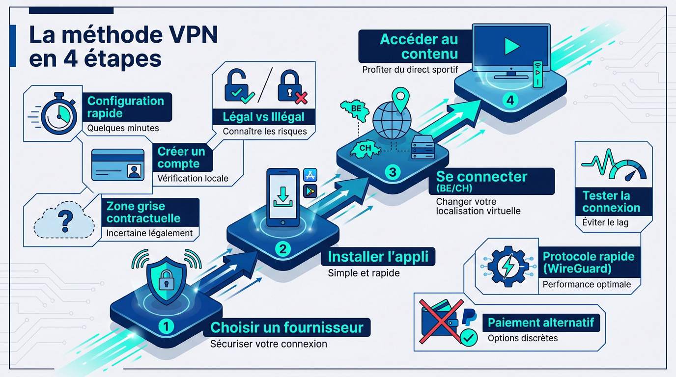 Schéma explicatif pour configurer un VPN et regarder le football en streaming légalement