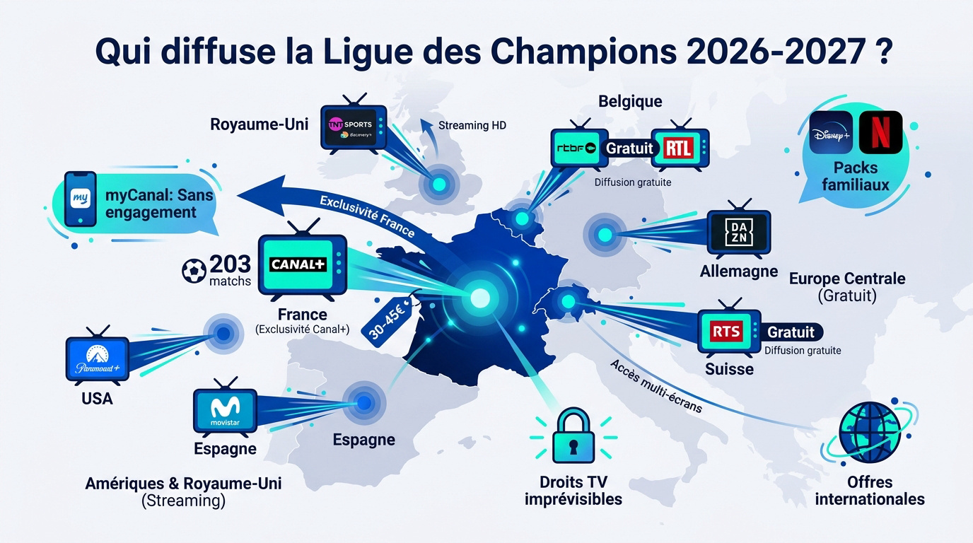 Infographie des diffuseurs de la Ligue des champions 2026-2027 par pays : Canal+ en France, RTBF et RTL en Belgique, RTS en Suisse, DAZN en Allemagne