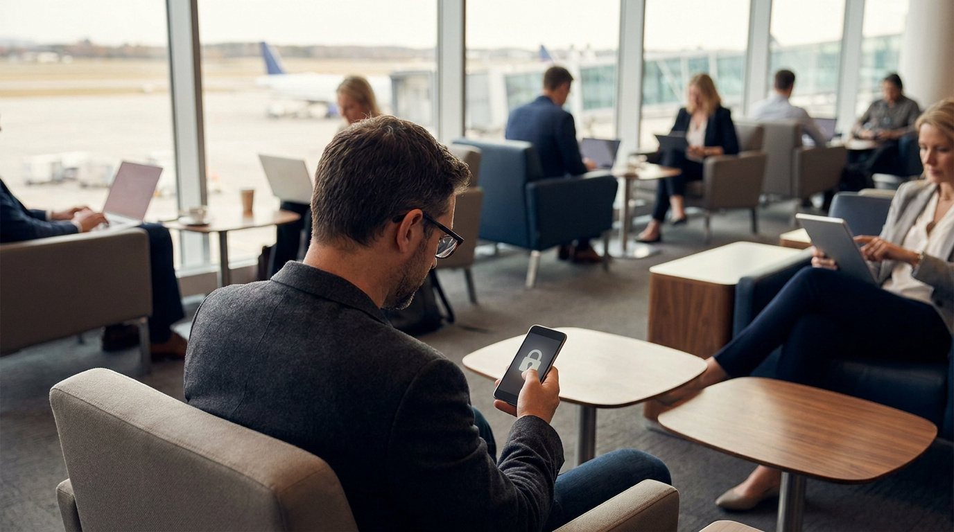 Un homme utilise un smartphone avec une icône de cadenas dans un salon d'aéroport bondé.