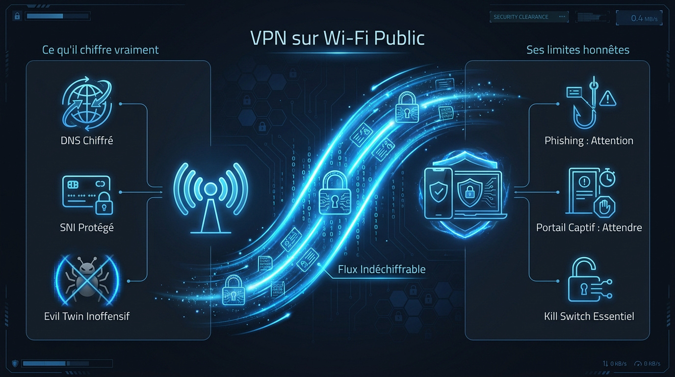Schéma d'un smartphone sécurisé par un VPN sur un réseau Wi-Fi public