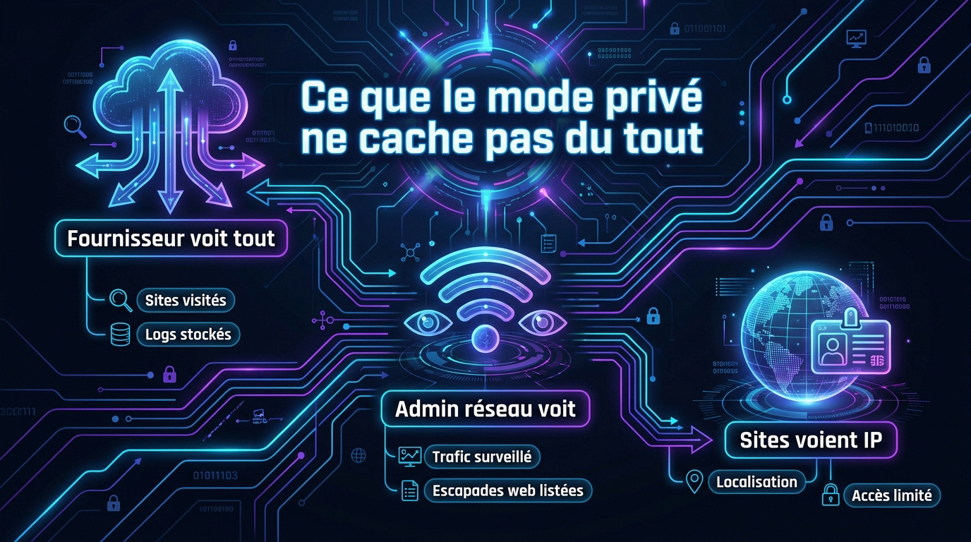 Schéma expliquant les limites de la navigation privée face au traçage réseau
