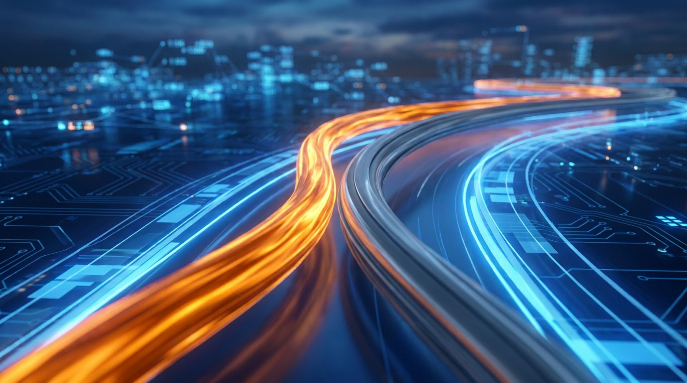 Câbles de données lumineux sur un circuit imprimé futuriste représentant le flux réseau et la cybersécurité.